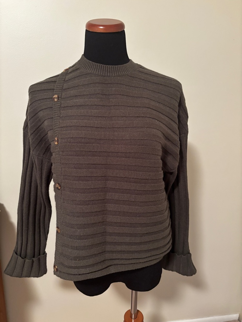 Olive Green Ribbed Button-Accent Women's Sweater - Picture 3 of 4